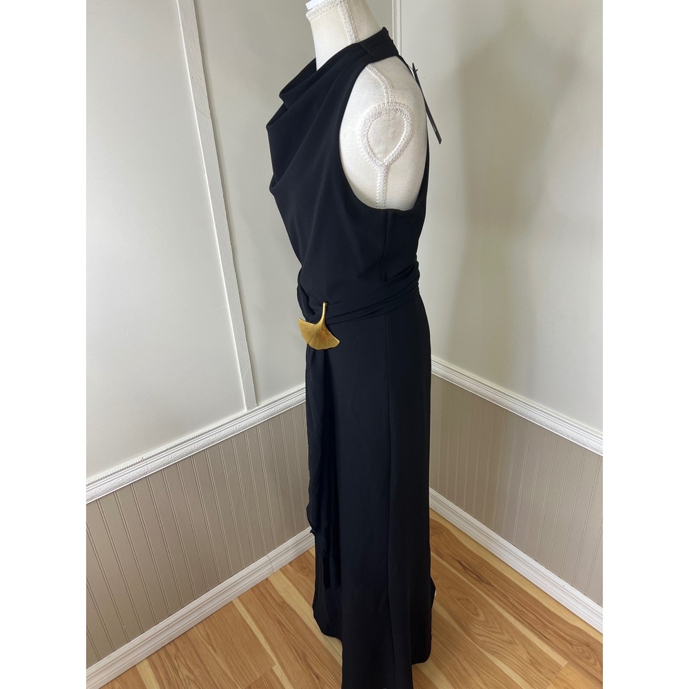 Donna Karan New York Black Cowl Neck Gown Gold Ginkgo Leaf Detail Size 6 NWT - Picture 11 of 15